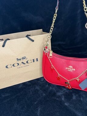 Coach Red Leather Shoulder Bag with Gold Chain Charm